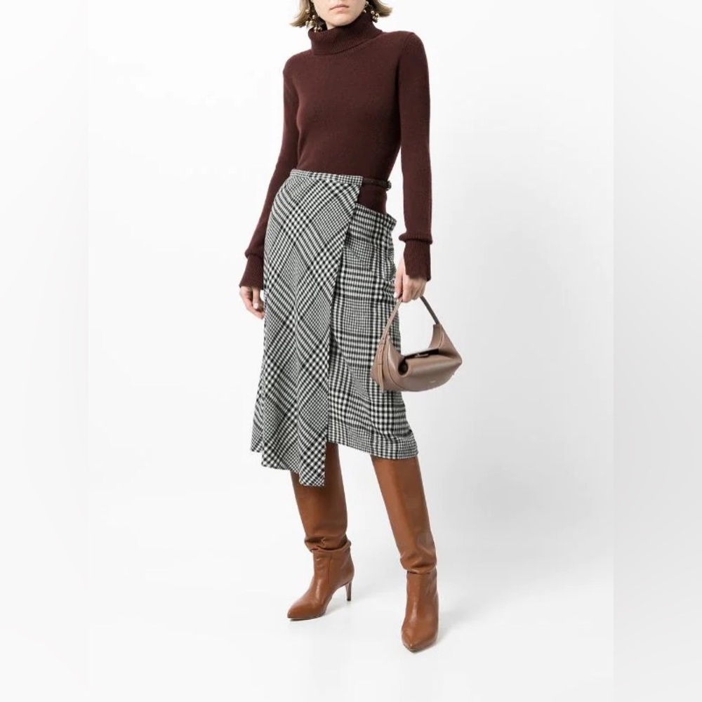 Tibi Sterling Plaid Gauze Wrap Skirt with leather belt